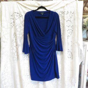 Gorgeous Ralph Lauren Dark Purple Eggplant Faux Wrap Flair Sleeve Midi Dress 14